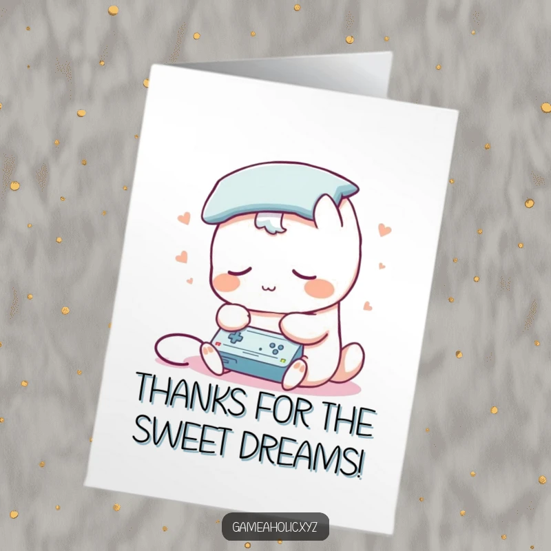 Funny Free Printable Thank You Card: Sleepy creature with a pillow head playing a game, giving a tired but sincere thank you.