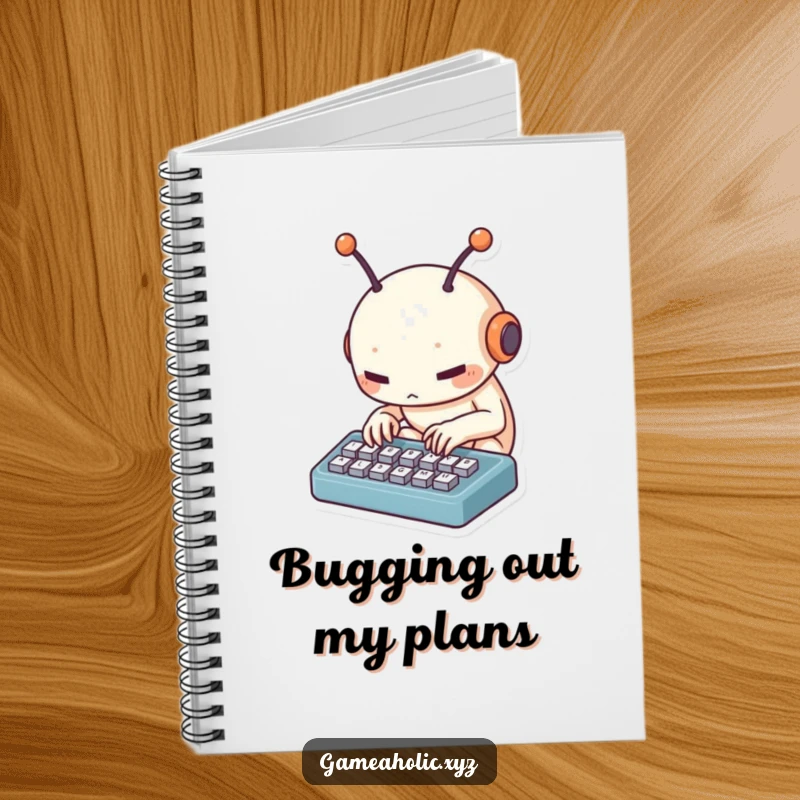 Funny alien coder notebook with a small creature with antennae tapping furiously on a tiny keyboard, perfect for note-taking fun.