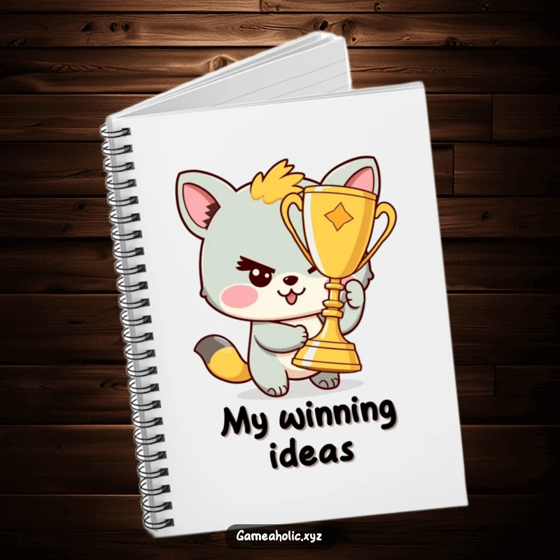 Funny notebook cover showing a mischievous animal winking as it holds up a trophy, inspiring grand plans.