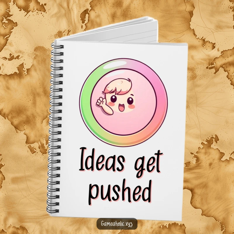Funny Notebook featuring a small character enthusiastically pressing a large, colorful button, ideal for notes and planning.