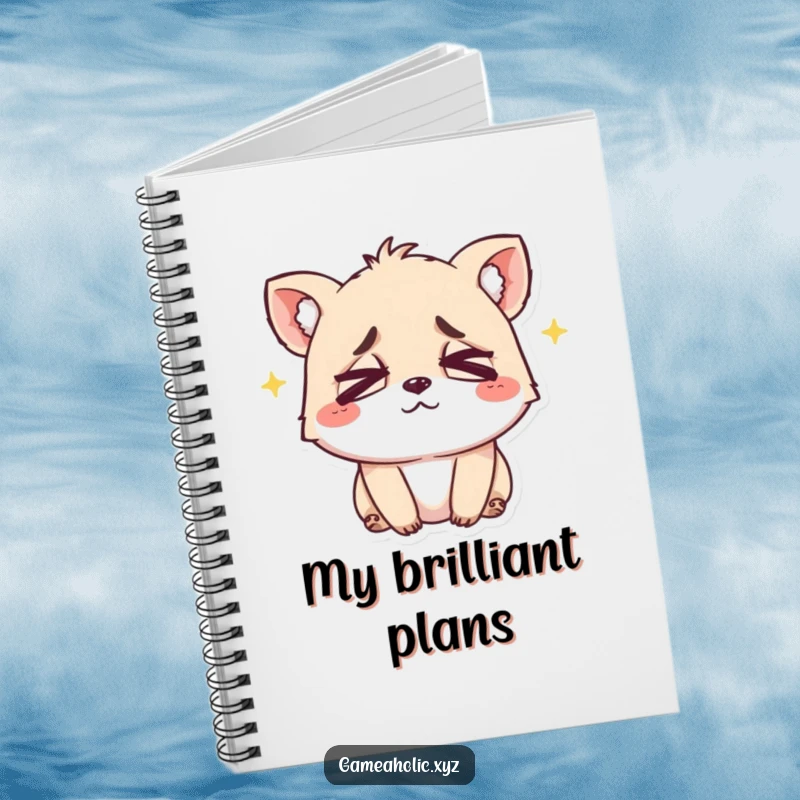 Funny notebook featuring a small animal with crossed eyes and a happy, exhausted smile, ideal for journaling.