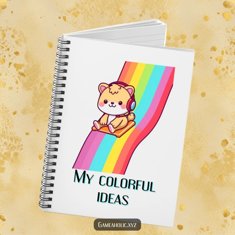 Funny notebook with a cheerful animal, headset on, sliding down a rainbow pixelated slide, perfect for writing.