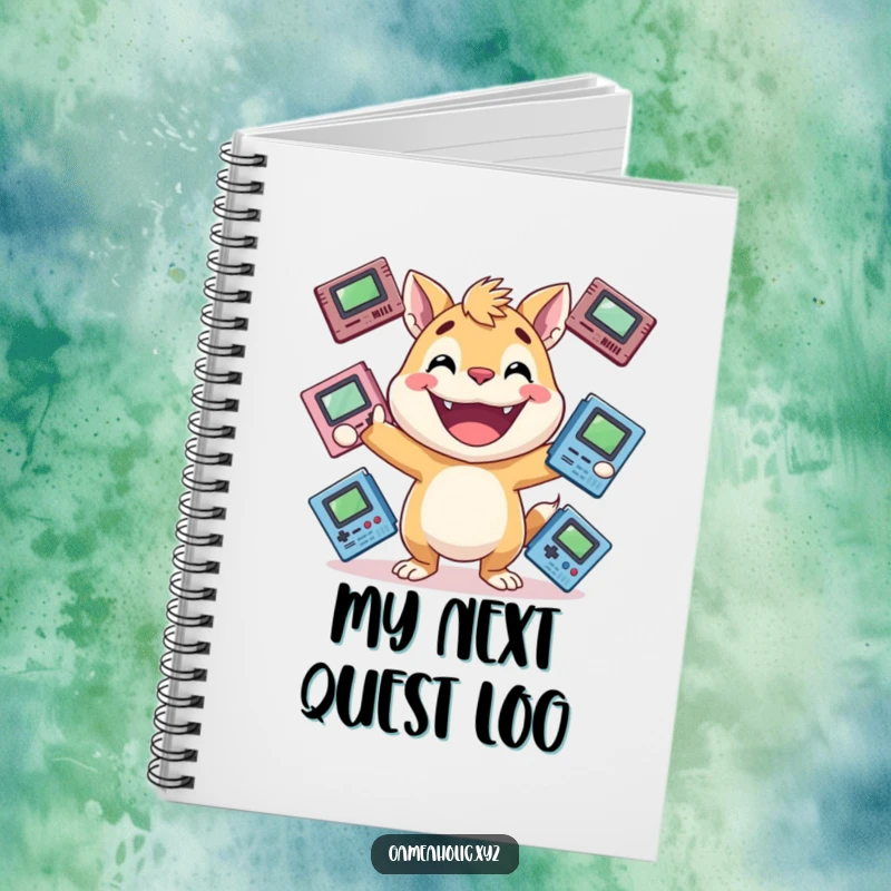 Funny gamer animal notebook with an energetic animal, huge grin, juggling game cartridges, perfect for funny gift.