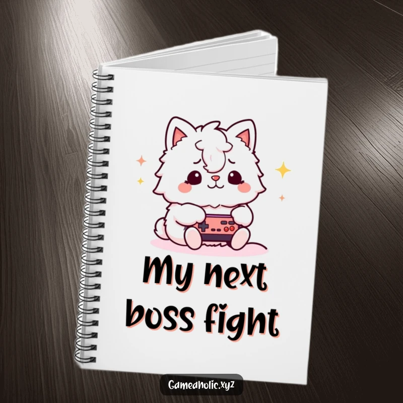 Funny gamer cat notebook with a fluffy animal character intensely playing a video game, inspiring focus and humor for note-taking.