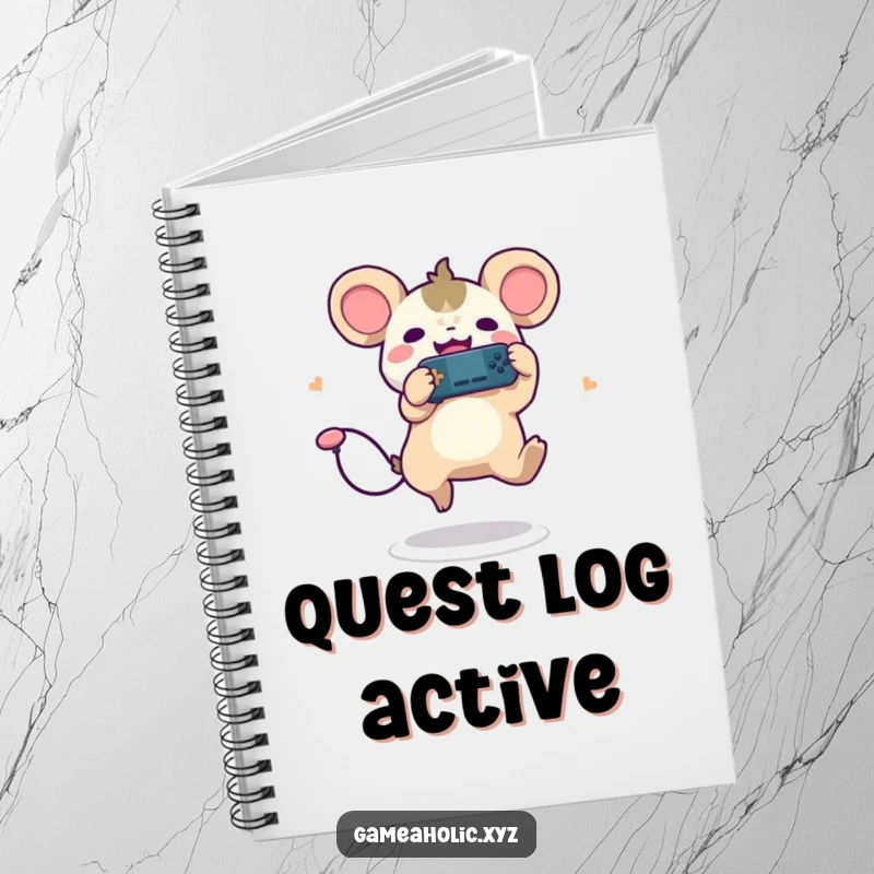 Funny notebook with a cute creature, round ears, leaping joyfully while holding a game controller, for writing.