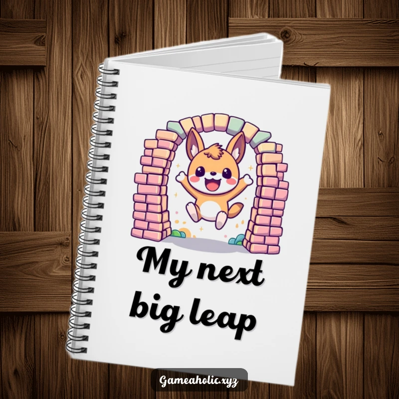 Funny Notebook featuring an excited animal character leaping through a portal made of colorful, digital pixels, for jotting adventures.