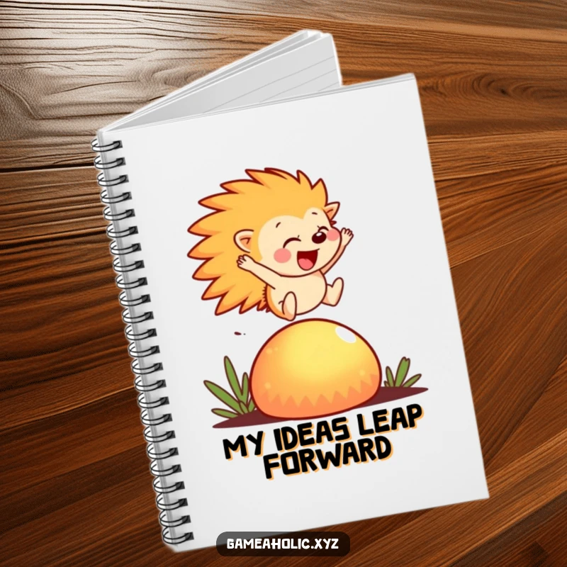 Funny Notebook with a hedgehog character leaping joyfully over a glowing mushroom, perfect for creative writing.
