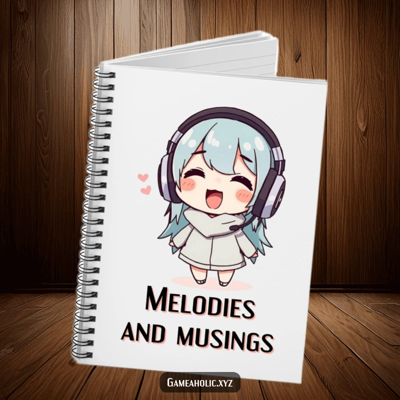 Funny Notebook with a delighted character in headphones wiggling, ideal for jotting down song lyrics or notes.