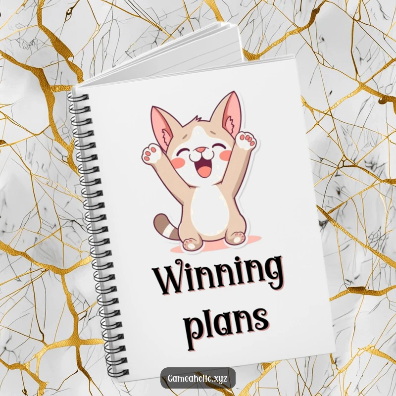Funny Notebook: A character humorously celebrating a win with paws in the air, perfect for jotting down winning ideas.