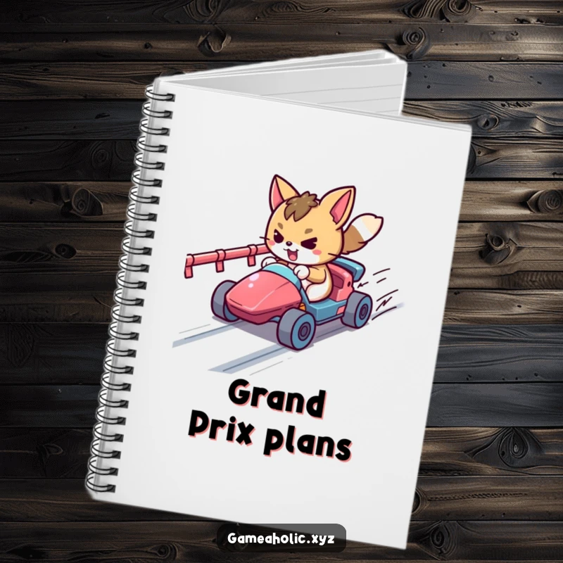 Funny determined animal character racing a tiny vehicle on a pixelated track, a notebook for plotting game strategies.