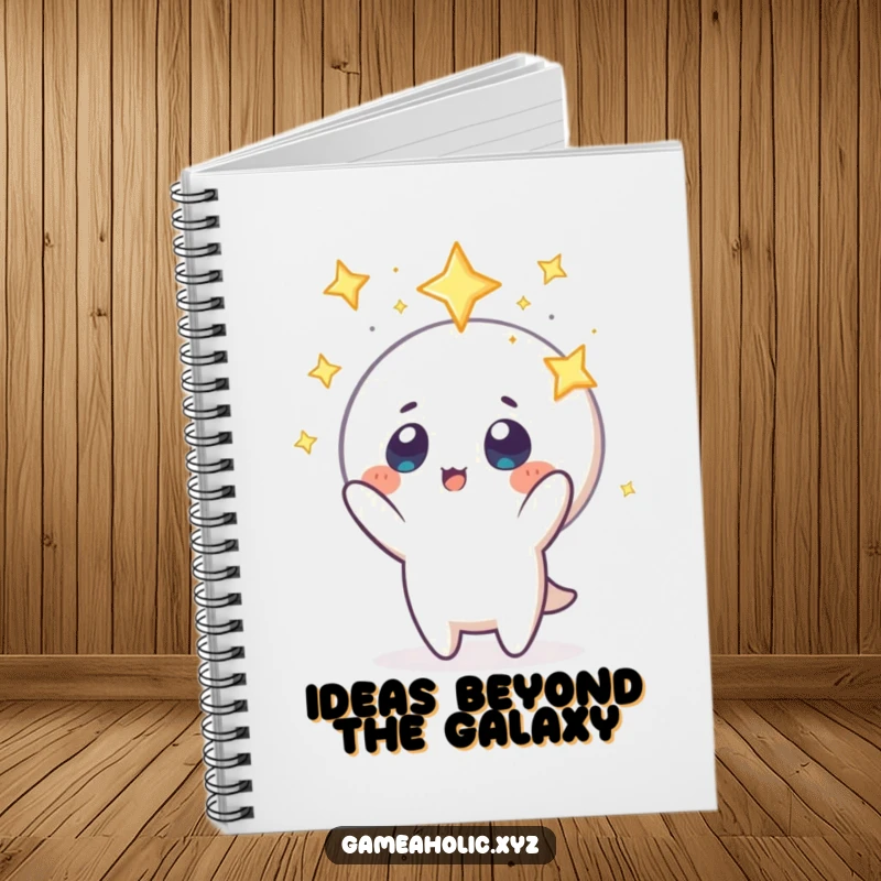 Funny notebook featuring a character looking up with stars in its eyes, reaching for a floating icon, ready to capture ideas.