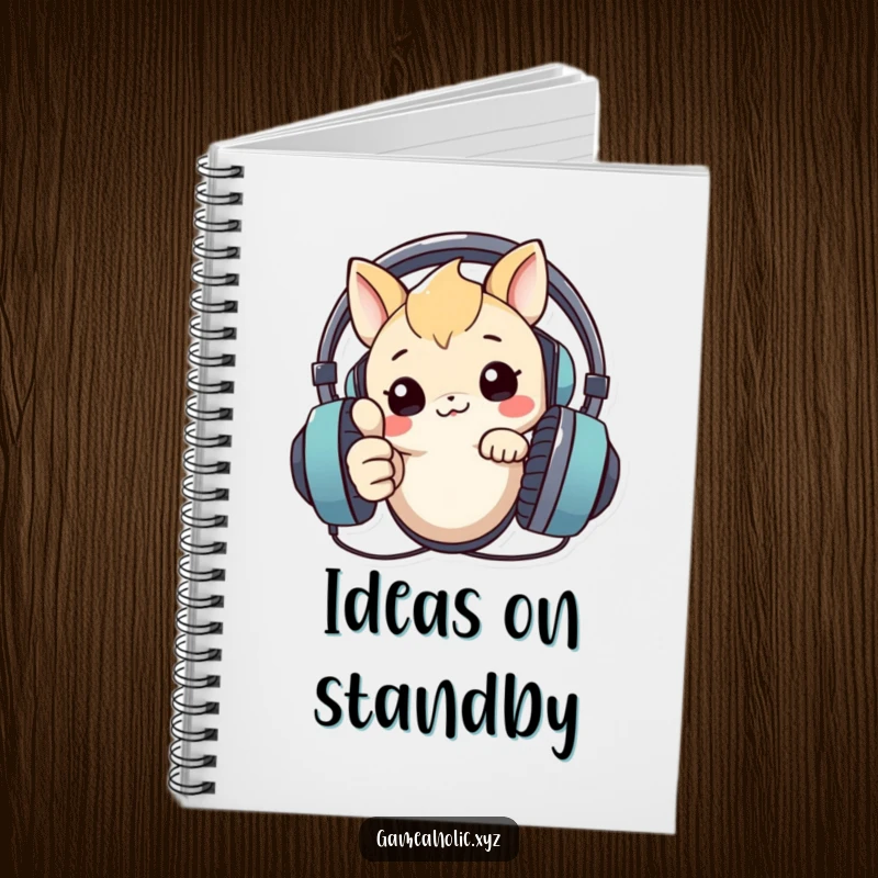 Funny notebook featuring a creature peeking over a large headset, giving a thumbs up, ideal for notes and tech inspiration.