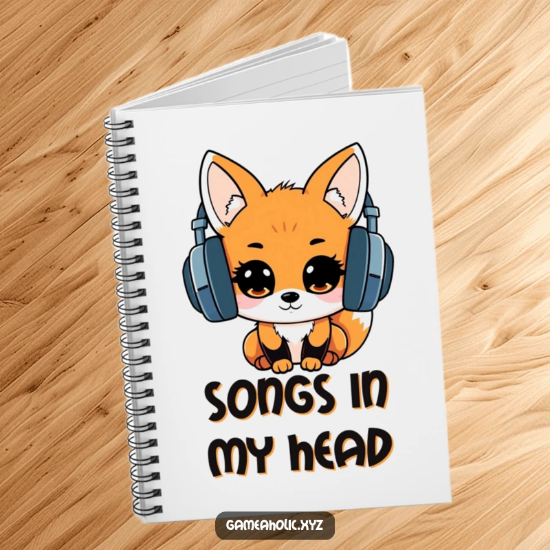 Notebook cover featuring a kawaii fox with oversized headphones, eyes sparkling with excitement, ideal for music lovers.