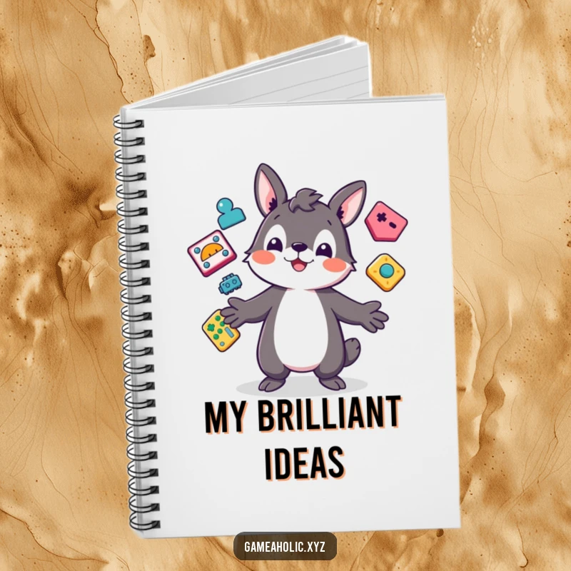 Funny Notebook featuring a playful animal character juggling colorful, abstract game icons, perfect for jotting down notes and ideas.