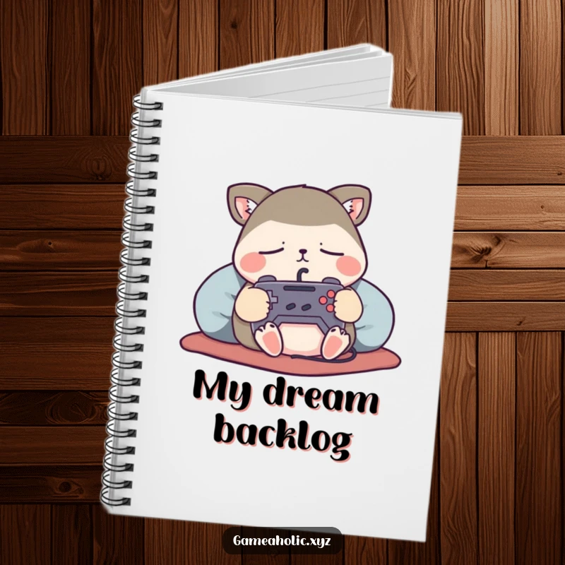 Funny Notebook featuring a content animal character sleeping soundly while clutching a miniature game controller, for jotting dreams.