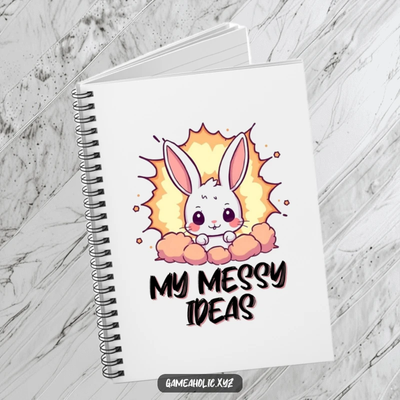 Funny rabbit notebook cover with a curious bunny peeking from a giant pixelated explosion, perfect for gaming notes and planning.