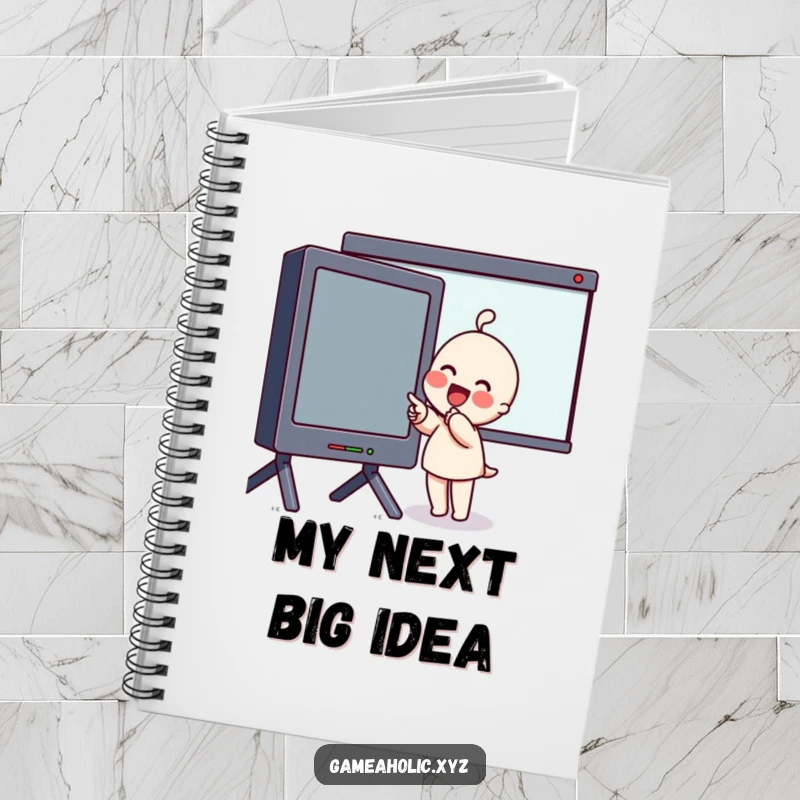 Funny Notebook with an excited character with rosy cheeks pointing at a large screen, ideal for note-taking.