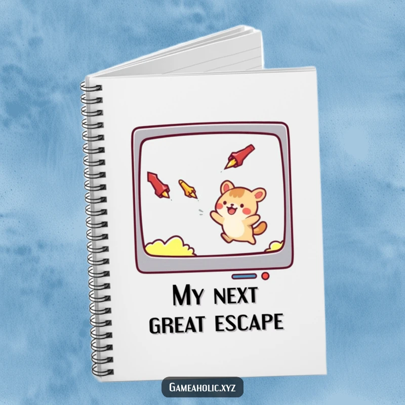 Funny notebook cover with a cute animal character dodging game projectiles, ideal for jotting down notes with a humorous twist.