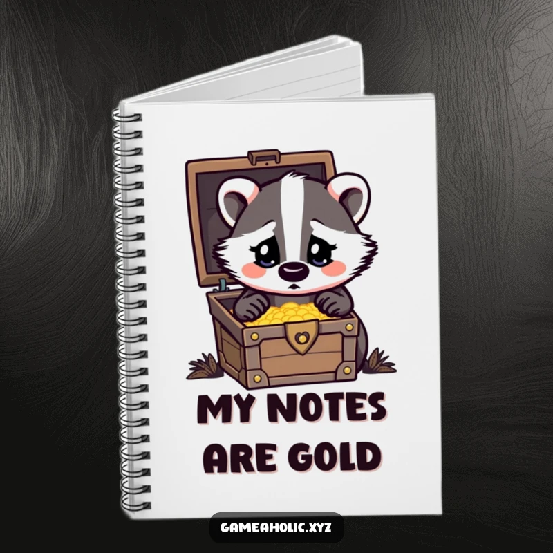 Funny Notebook with a badger character with heart eyes looking at a treasure chest, perfect for note-taking.