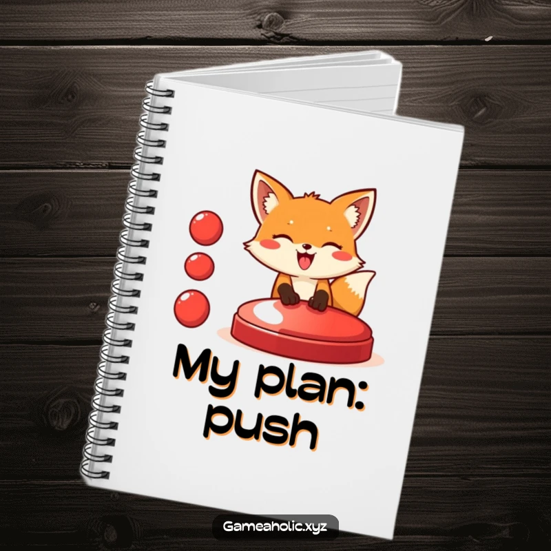 Funny fox notebook cover featuring a giggling fox about to press a very large red button, ideal for brainstorming and humorous note-taking.