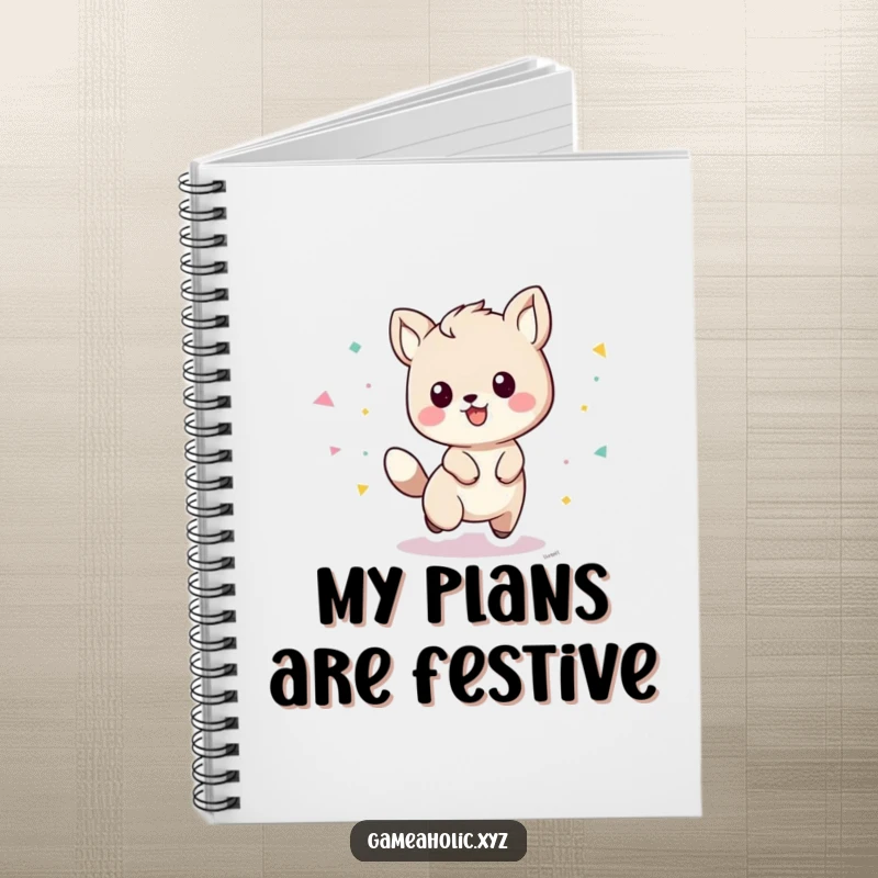 Funny playful animal character with a trail of confetti on a notebook cover, inspiring happy notes.