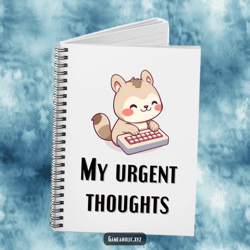 Funny Notebook with a grinning animal character fast typing on a miniature keyboard, ideal for note-taking.