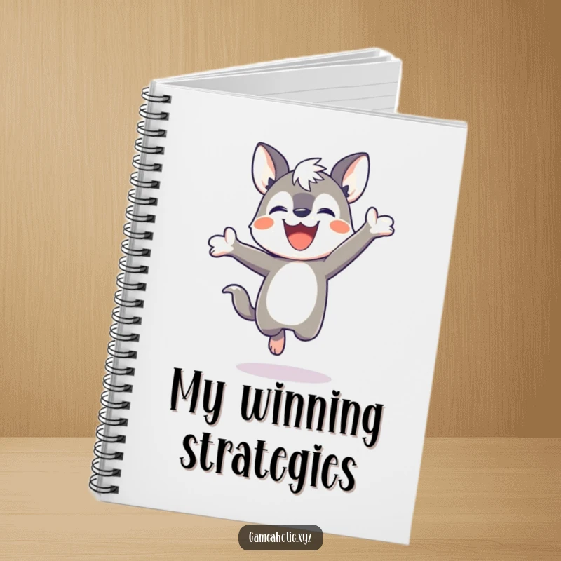 Funny notebook with a determined animal character jumping victoriously, designed for jotting down winning ideas and plans.