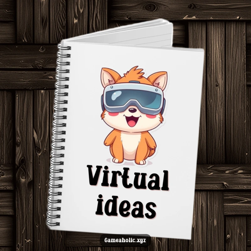 Funny happy animal character wearing oversized virtual reality goggles, a notebook for jotting down virtual world ideas.