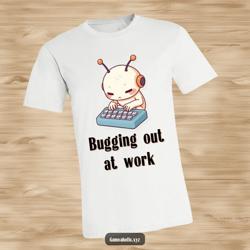 Funny alien t-shirt with a small creature with antennae furiously tapping on a tiny keyboard, celebrating coding and tech humor.
