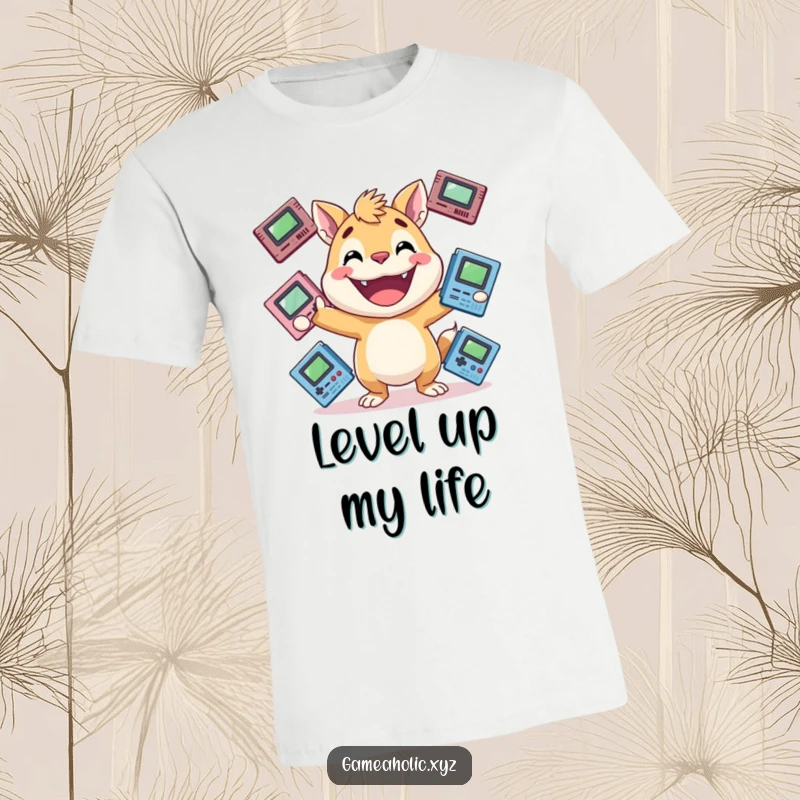 Funny gamer t-shirt with an energetic animal, huge grin, juggling game cartridges, ideal funny gift for gamers.