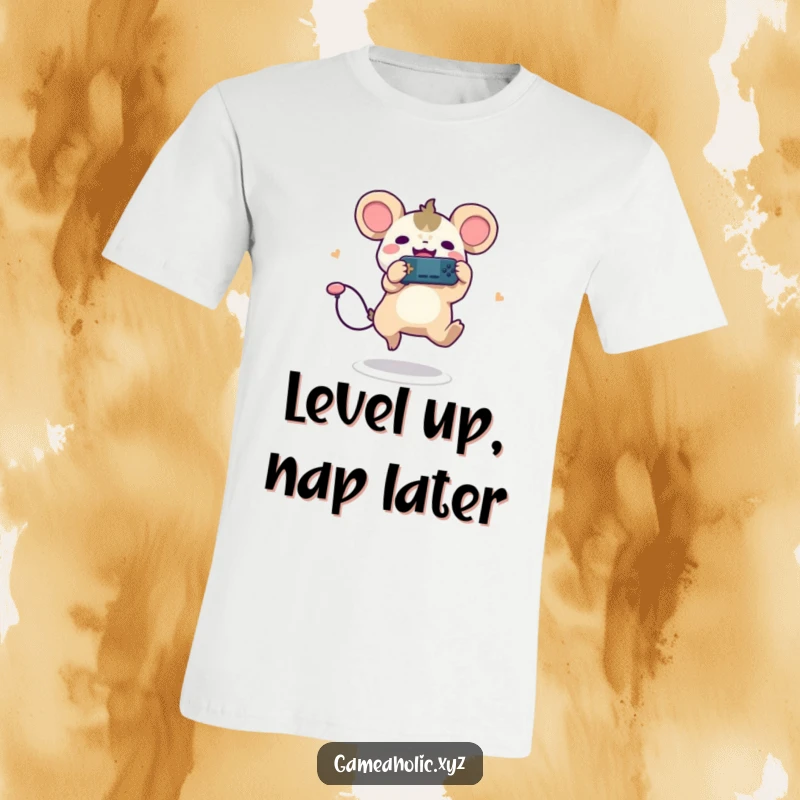 Funny t-shirt featuring a cute creature with round ears, leaping joyfully with a game controller, perfect for gamers.