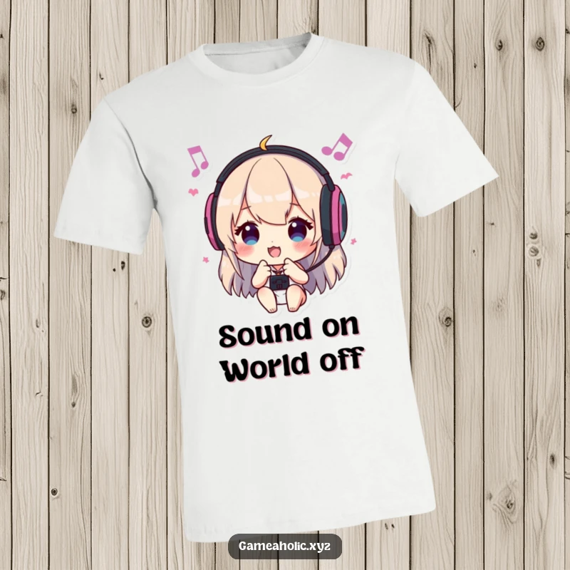 Funny t-shirt featuring a character energetically headbanging to in-game music, expressing passion for gaming soundtracks.
