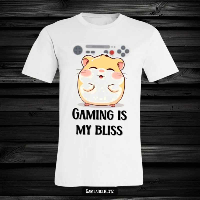 Funny round hamster with rosy cheeks, eyes closed in gaming bliss, printed on a t-shirt, representing relaxed gaming.