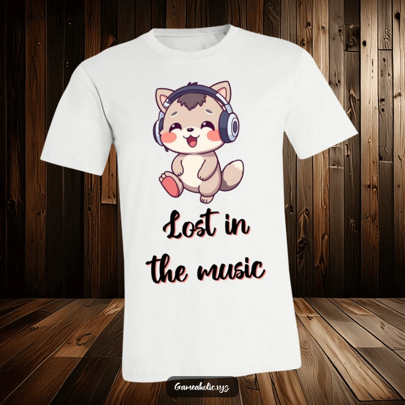 Funny music animal t-shirt with a cheerful character wearing oversized headphones and tapping its foot, celebrating the love of music.