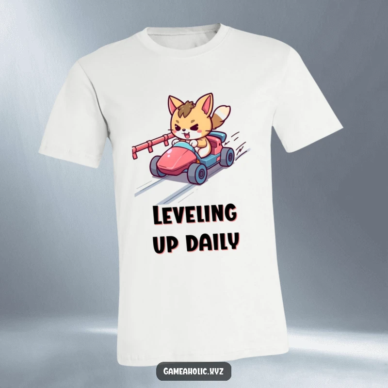 Funny determined animal character speeding in a tiny vehicle on a pixelated track, embodying gamer determination.
