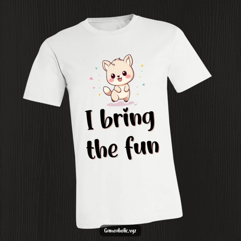 Funny playful animal character with a trail of confetti, on a t-shirt, embodying pure fun.