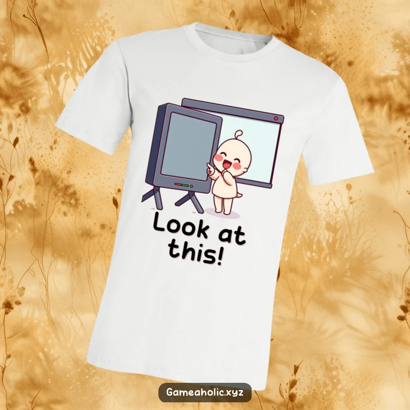 Funny T-Shirt featuring an excited character with rosy cheeks pointing emphatically at a giant screen, capturing shared wonder.