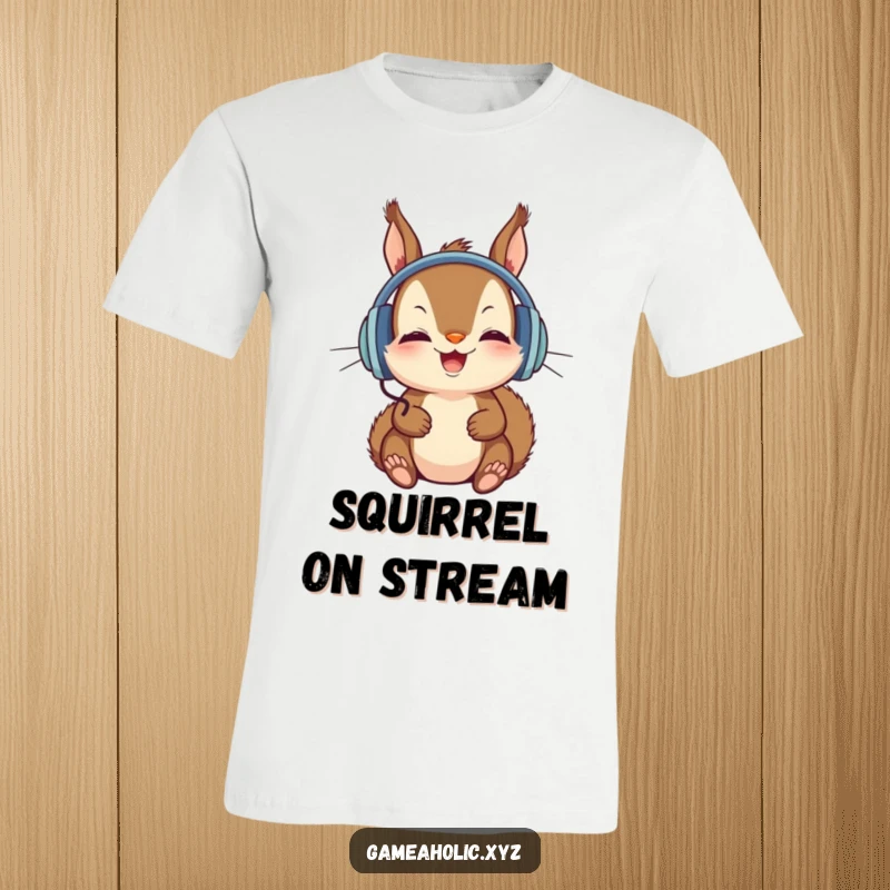 Funny T-Shirt with a squirrel in oversized headphones, intently watching a screen, perfect for gamers and streamers.