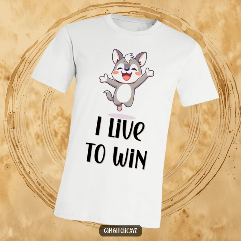 Funny t-shirt showcasing a determined animal character jumping victoriously, symbolizing the thrill of winning and pure happiness.