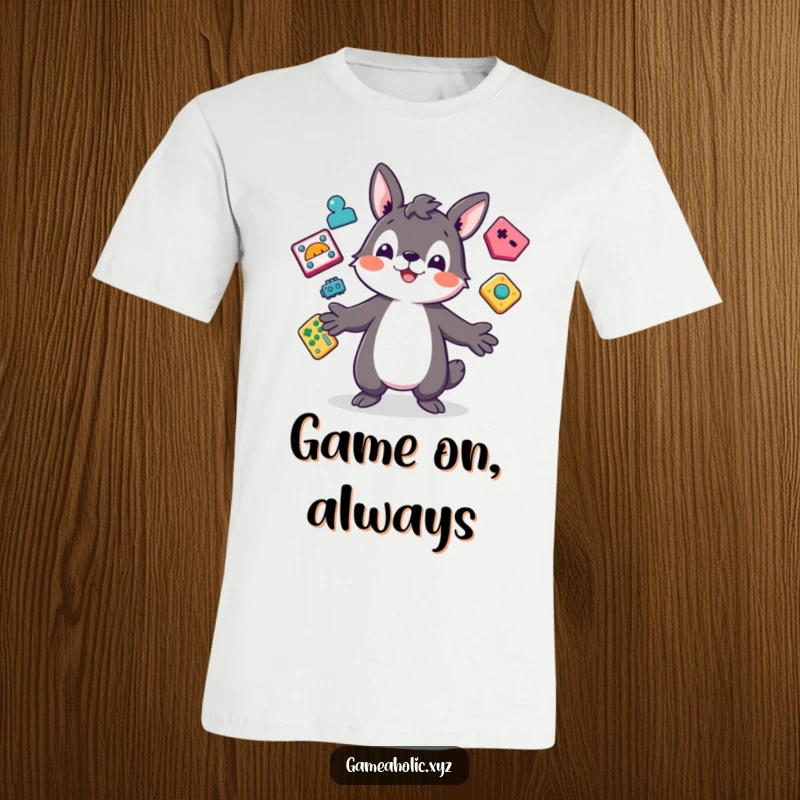 Funny T-Shirt showcasing a playful animal character juggling multiple colorful, abstract game icons with skill and cheer.