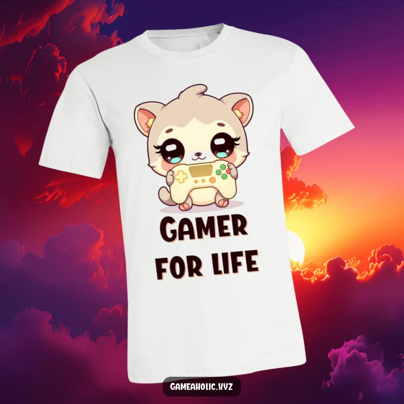 Funny gamer t-shirt featuring a cute animal character with captivating, sparkling eyes, holding a glowing video game controller.