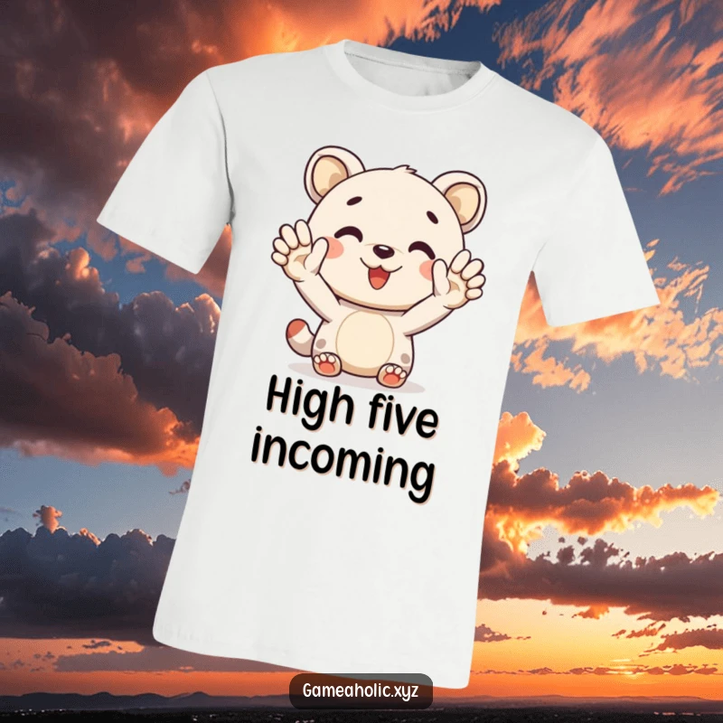 Funny t-shirt with a cheerful animal character offering a virtual high-five, symbolizing celebration and friendship.