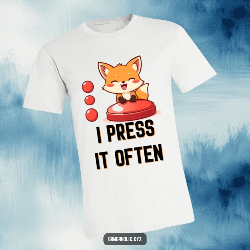 Funny fox t-shirt with a giggling fox gleefully pushing a very large red button, representing excitement and a playful attitude.