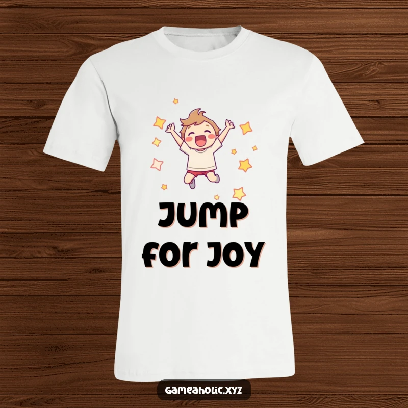 Funny T-Shirt: Character leaping with pure joy, surrounded by pixelated stars, celebrating gaming success.