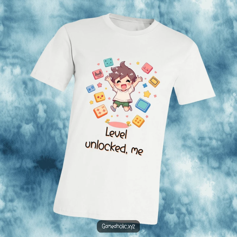 Funny T-Shirt featuring a joyful character leaping with energy, surrounded by floating game icons, an ode to gamer ecstasy.