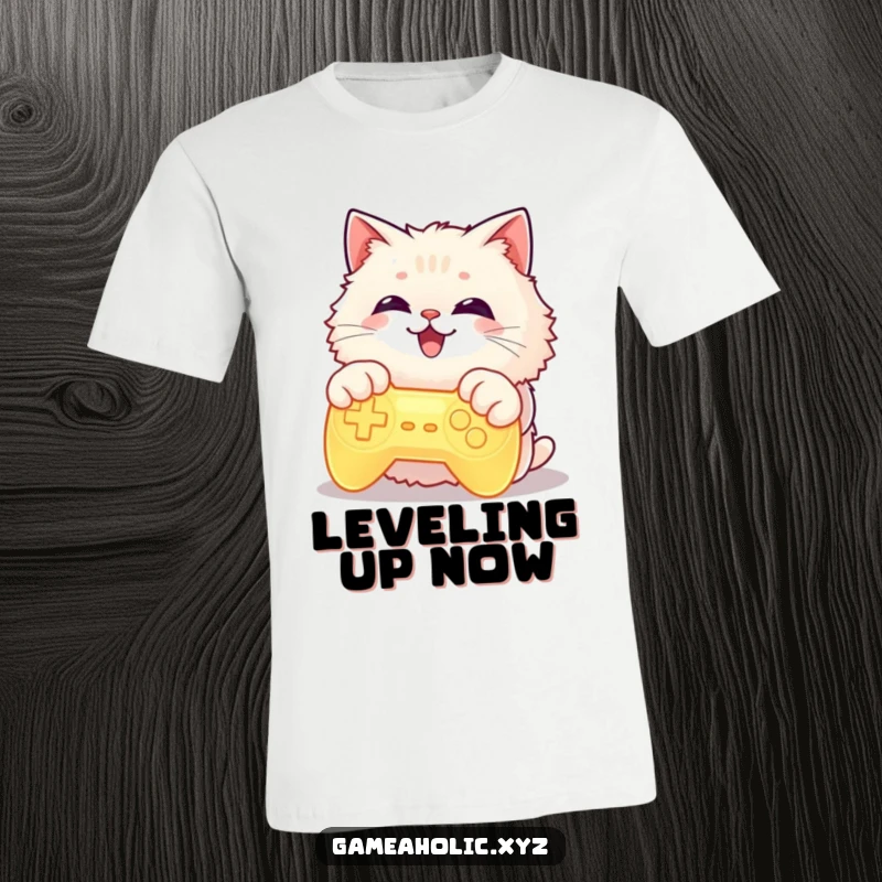 Funny cat with paws on a glowing game controller, grinning widely, printed on a t-shirt, representing gaming passion.