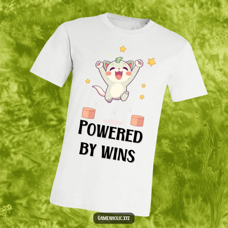 Funny t-shirt of a cute creature in mid-air, arms raised in celebration of a virtual victory, embodying pure joy and energetic winning.