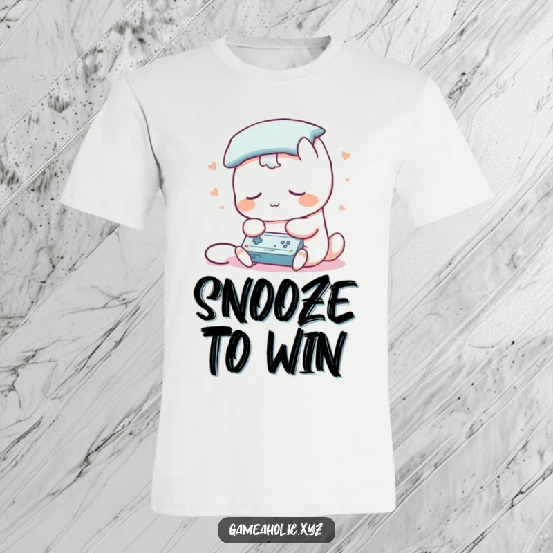 Funny t-shirt of a sleepy creature with a pillow for a head, gaming intensely, ideal for lazy gaming days.