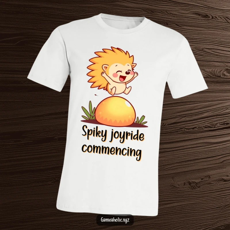 Funny T-Shirt showcasing a happy hedgehog mid-leap over a large, glowing mushroom, embodying pure delight.