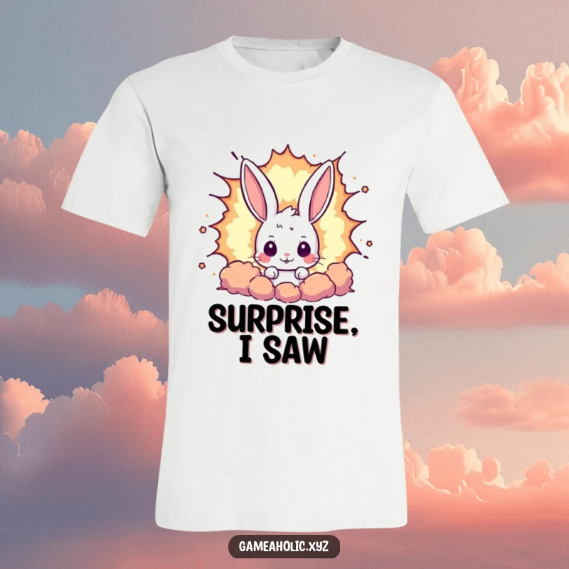 Funny rabbit t-shirt featuring a curious rabbit peeking out from a giant pixelated explosion, perfect for gamers and fans of retro aesthetics.